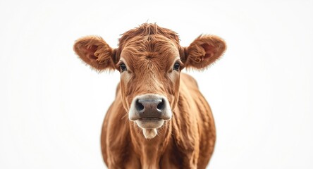 A cheerful cow standing against a smooth white background