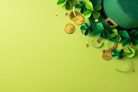 A vertical festive green background with shamrocks, coins, and a decorative hat evokes St Patrick s Day celebration and greeting, highlighting luck, Irish heritage, and traditional luck symbols