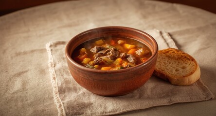Flavorful beef and mixed vegetable soup complemented by fresh bread on beige tablecloth