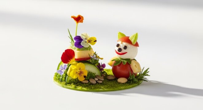 Whimsical fruit and vegetable characters create a playful garden scene, perfect for children's stories and healthy eating campaigns.