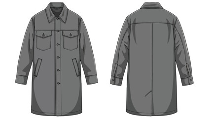 Naklejka premium A detailed technical drawing of a long gray button-up coat, showcasing its front and back views with pockets and structured seams, ideal for apparel