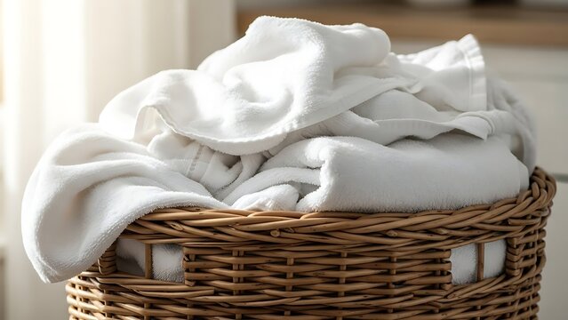 Wicker Basket Filled with Clean White Towels at Home
