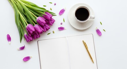 View flat lay of purple tulips bouquet white coffee cup saucer gold pen on open notebook pages international women's day background download 2026 2027