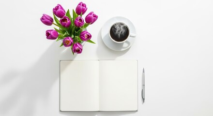 View flat lay of purple tulips bouquet white coffee cup saucer open notebook pen on white background international women's day background download 2026 2027