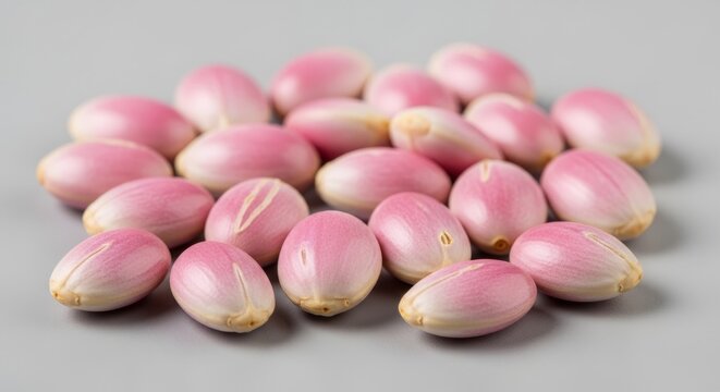 Delicate pink shallots artfully arranged on a clean gray surface, ready for culinary inspiration
