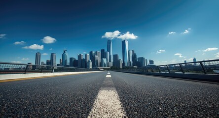 Obraz premium Clear asphalt path beside sleek modern architectural skyline