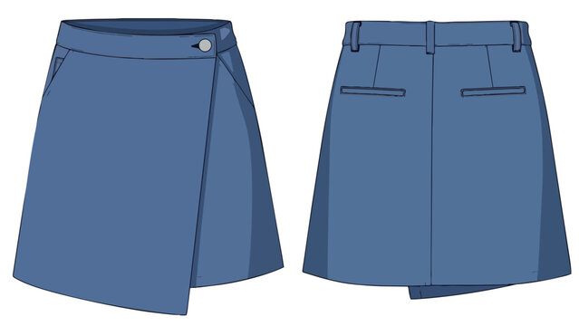 Detailed flat technical sketch of a stylish women's blue wrap skirt or skort featuring front and back views with pockets and a button closure for