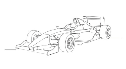 Naklejka premium Line drawing of a formula race car, suitable for coloring pages, design elements, or educational materials on a white background.