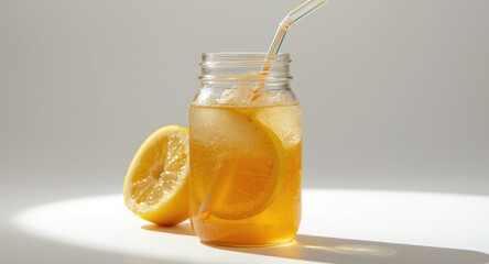 Fototapeta premium Iced lemon tea in a glass jar with straw presented on a pure white backdrop