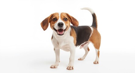 Beagle dog exhibiting playful stance fully shown on pristine white background