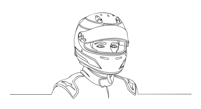 Minimalist line art illustration depicting a race car driver wearing a helmet and racing suit, great for design projects or sporting events.
