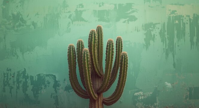 A multi limbed cactus positioned before an old green wall displaying gentle surface imperfections