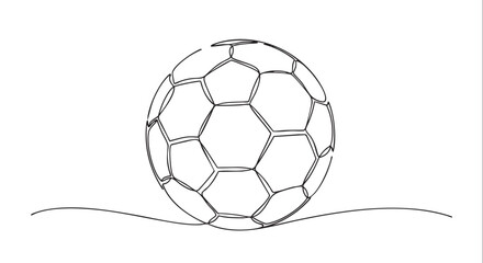 Obraz premium Simple graphic of a soccer ball is drawn in a continuous, unbroken line, suggesting minimalism, sport, and artistic representation on white background.