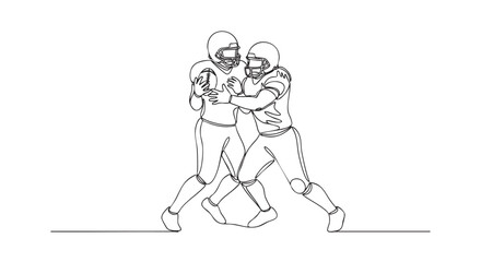 Obraz premium A single line drawing depicts two football players in helmets and gear holding a football, suggesting teamwork, sportsmanship, and minimalist design aesthetic.