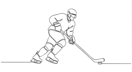 Obraz premium Single continuous line drawing of an ice hockey player skating with a stick and puck, isolated on white, conveying speed and dynamism.