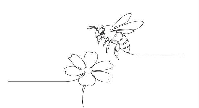 Delicate one line drawing of a bee flying towards a flower against a clean white background. Use this minimalistic image for botanical themes and designs.