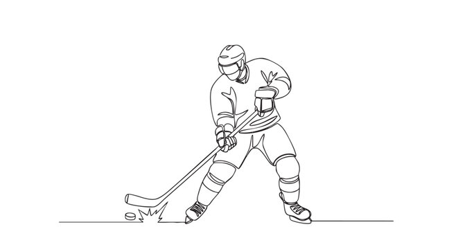 Black and white continuous line drawing of hockey player taking a slapshot at a puck in a minimalist graphic style.
