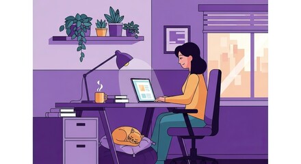 Woman sitting at desk with laptop and cat sleeping underneath international women's day background download 2026 2027