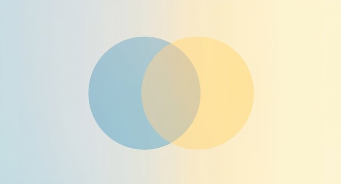 Diagrammatic view of two white circles crossing with blue and yellow tones on a soft light background