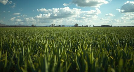 Immense lush green field with dense stands of blue agave