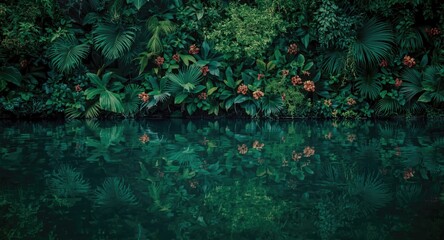 Gentle water reflection of tropical forest wall