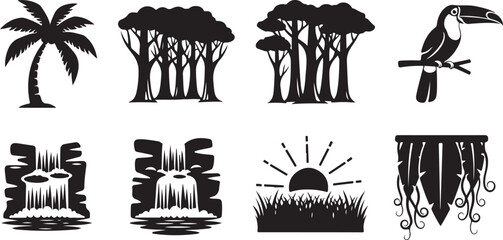 A collection of tropical and jungle-themed icons and symbols Vector © Rana