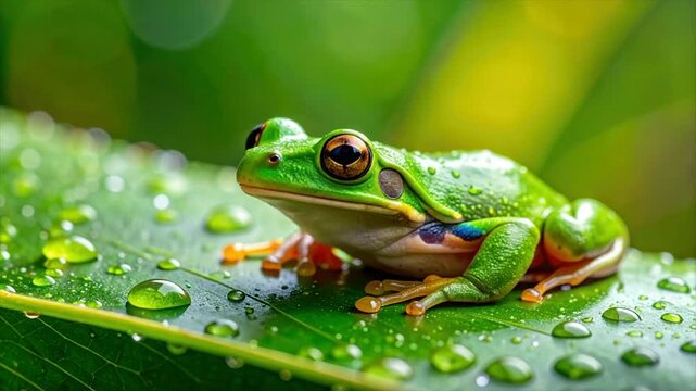 A vibrant green frog with striking eyes sits on a leaf dotted with glistening water droplets