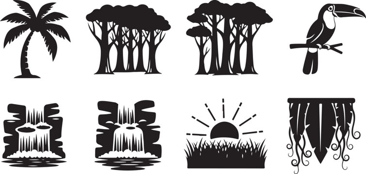 A collection of tropical and jungle-themed icons and symbols Vector