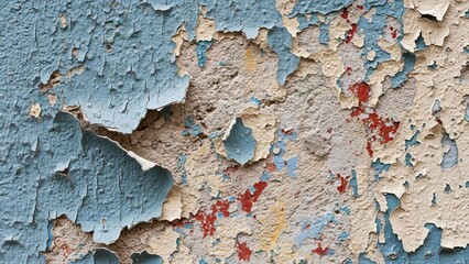 A close-up view of a distressed wall with peeling blue paint revealing red and beige layers underneath