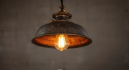 Naklejka premium Ceiling hanging rustic pendant light casting warm glow with metal and wood details