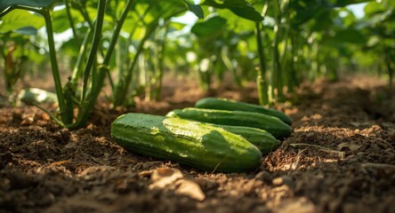 Obraz premium Green cucumber harvest showcasing fresh vegetables on soil under vibrant leafy canopy
