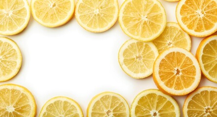 Fototapeta premium Fresh bergamot fruit sections shown on white backdrop with copy space