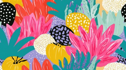 Naklejka premium Colorful botanical craft maximalism illustration featuring layered decorative elements and a vibrant repeat pattern on a textile-ready surface design