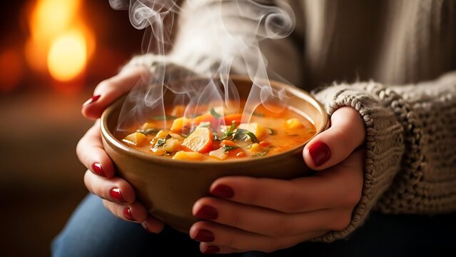 Woman Holding Steaming Bowl of Vegetable Soup in Winter