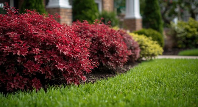 Garden maintenance focusing on vivid shrubs and healthy lush lawns in front yard