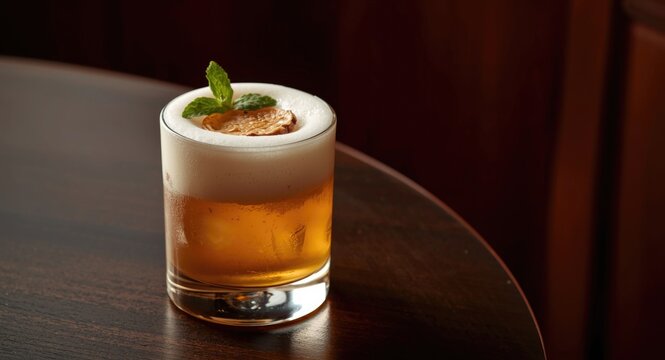 Classic sour foam cocktail containing whiskey amaretto served with ice and dried pineapple and mint