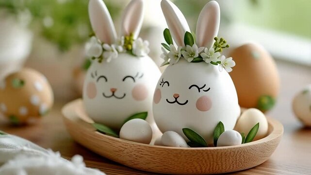 Adorable easter bunny eggs with floral crowns in spring decor setting