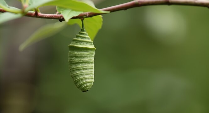 Close up of butterfly cocoon stage with monarch pupae hanging in garden atmosphere