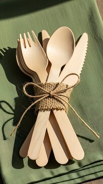 Wooden Cutlery Set on Green Tablecloth for Outdoor Dining