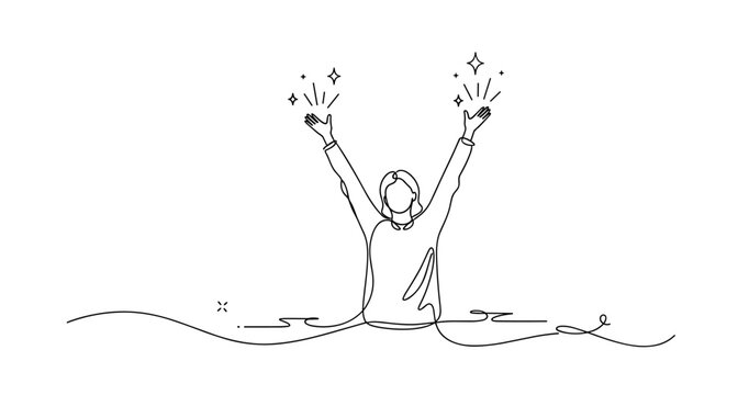 Minimalist line art of person raising hands with sparkles, celebrating joy. None editable stroke