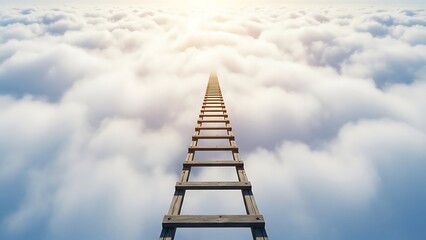 Fototapeta premium Wooden Ladder Extending into Cloudy Sky Landscape