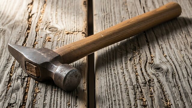 Wooden Hammer on Rustic Wooden Surface CloseUp