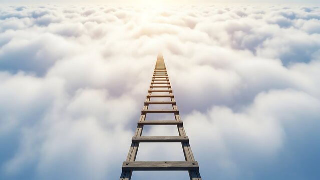 Wooden Ladder Extending into Cloudy Sky Landscape