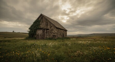 Obraz premium Antique stone barn placed on a vibrant meadow with rolling hills and a muted cloudy sky