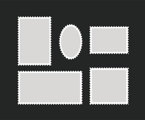 Blank set of 5 postage stamps. Paper postmarks for mail letter isolated on grey background.  Empty postal shapes border set. Collection paper postmarks for mail letter isolated on black background.