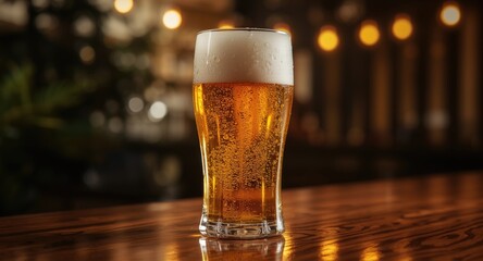 Crystal pilsner glass of lager set on bar top with out of focus blinking lights and natural tree background