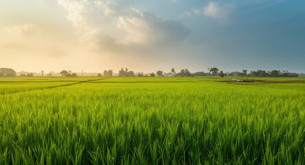 Fototapeta premium Idyllic farming scene with verdant rice fields under morning sky