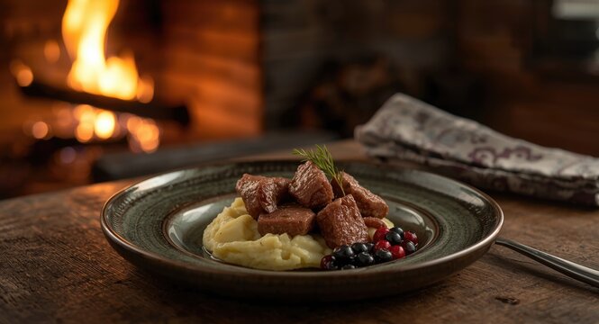 Lappish saut&Atilde;&copy;ed reindeer served with mashed potatoes and lingonberries in a cozy hut warmed by an open fire