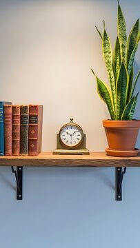 Wooden Shelf with Clock Books and Potted Plant Decor