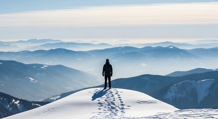 Man standing on snowy mountain peak looking out at breathtaking landscape